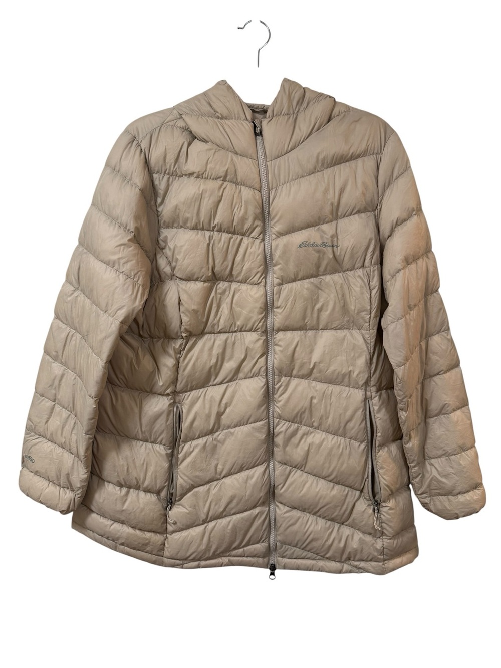 Eddie Bauer EB650 Women's Lightweight hooded Down Jacket beige XL winter outdoor